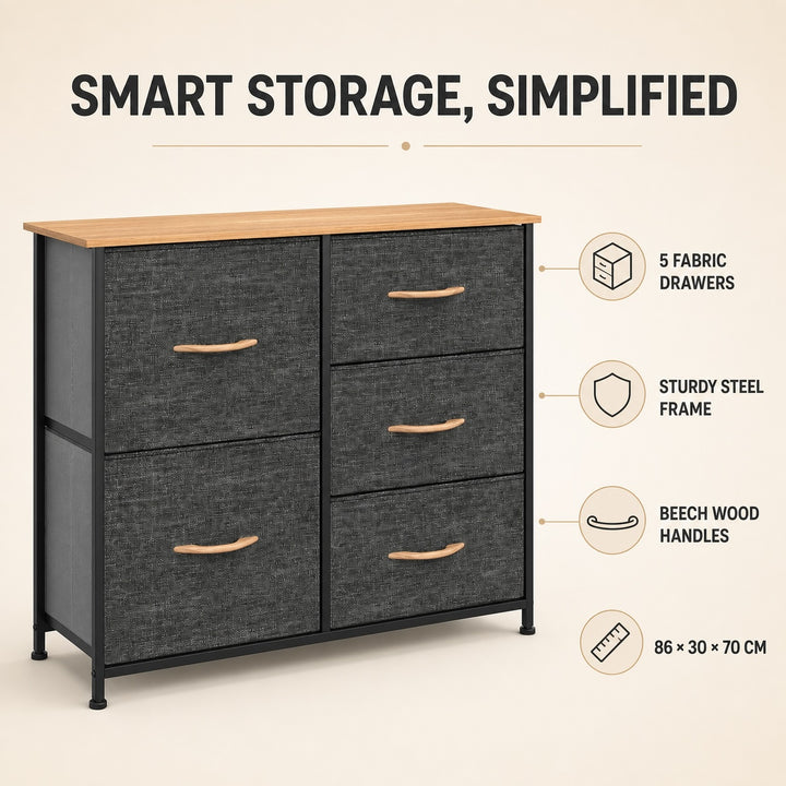 5 Drawer Fabric Storage Chest with Wood-Grain Top - Dark Gray