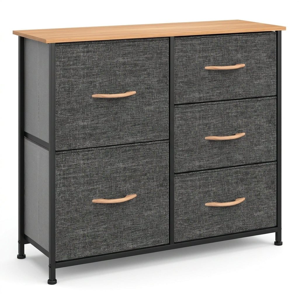 5 Drawer Fabric Storage Chest with Wood-Grain Top - Dark Gray