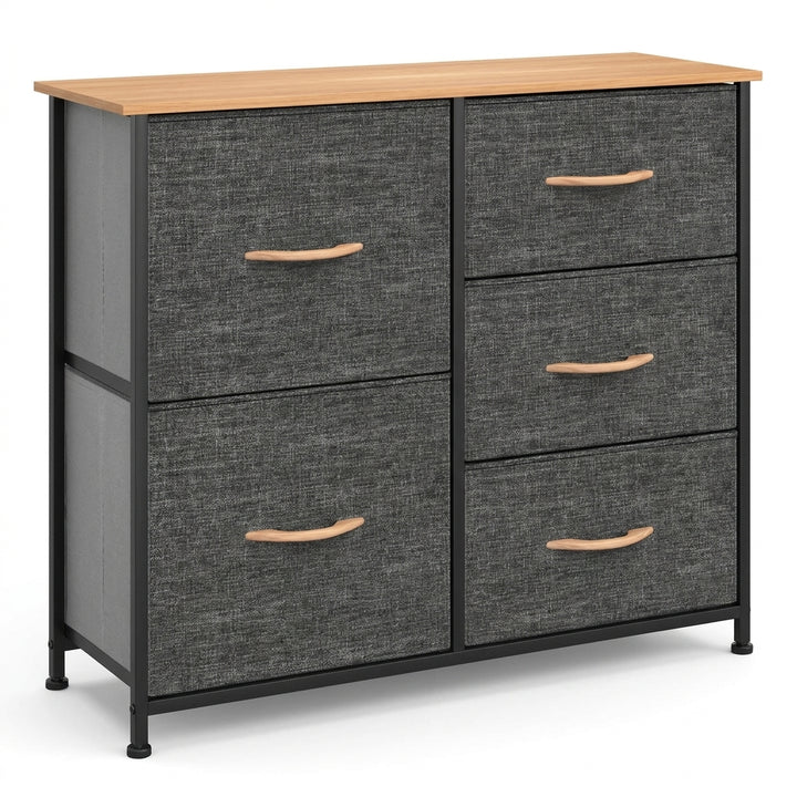 5 Drawer Fabric Storage Chest with Wood-Grain Top - Dark Gray