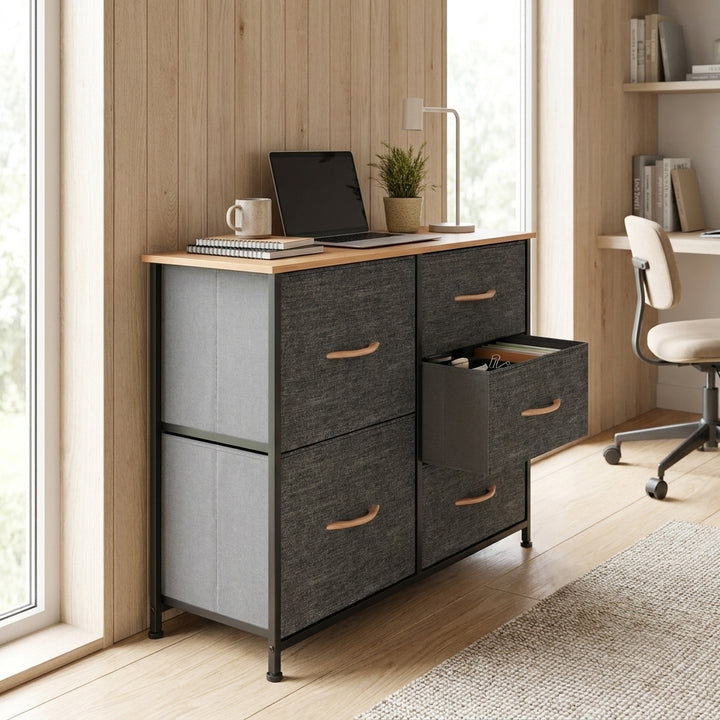 5 Drawer Fabric Storage Chest with Wood-Grain Top - Dark Gray