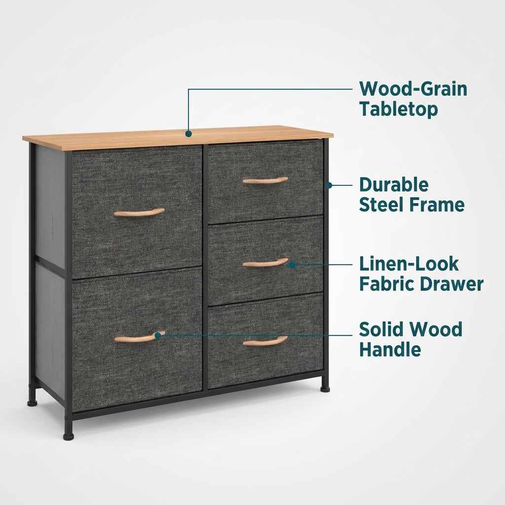 5 Drawer Fabric Storage Chest with Wood-Grain Top - Dark Gray