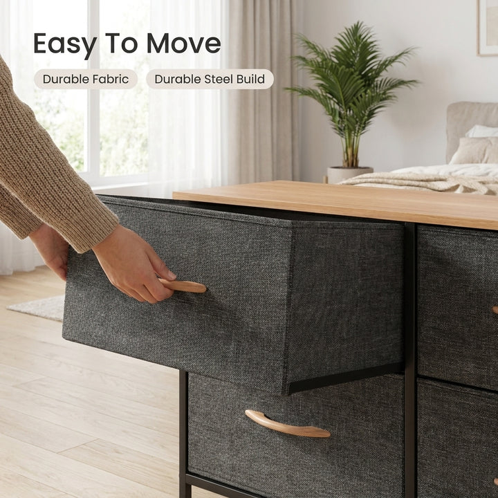 5 Drawer Fabric Storage Chest with Wood-Grain Top - Dark Gray