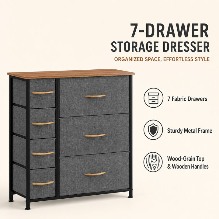 7 Drawer Fabric Storage Chest Steel Frame Organizer - Dark Gray