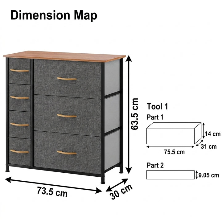 7 Drawer Fabric Storage Chest Steel Frame Organizer - Dark Gray