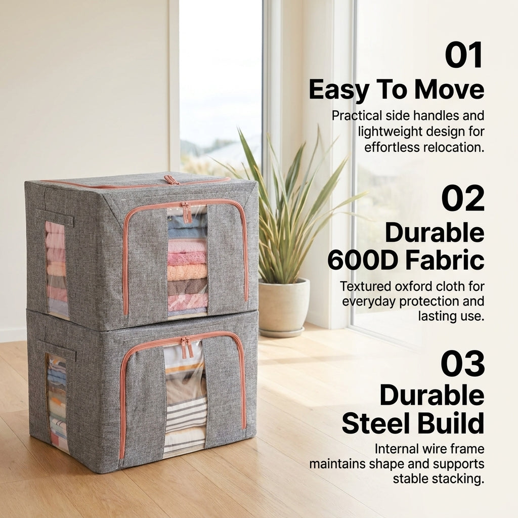2-Pack 100L Foldable Storage Bins with Steel Frame and Clear Windows - Grey