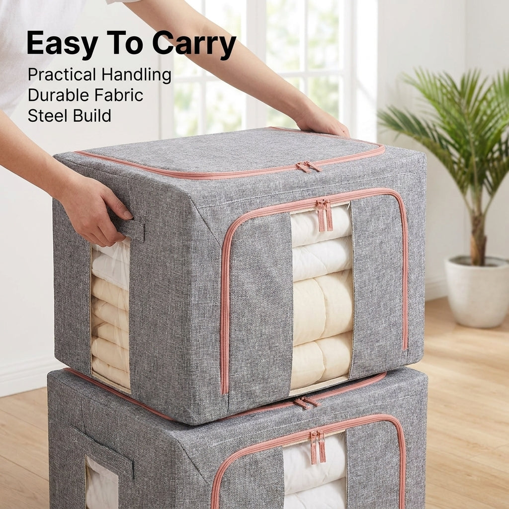2-Pack 100L Foldable Storage Bins with Steel Frame and Clear Windows - Grey