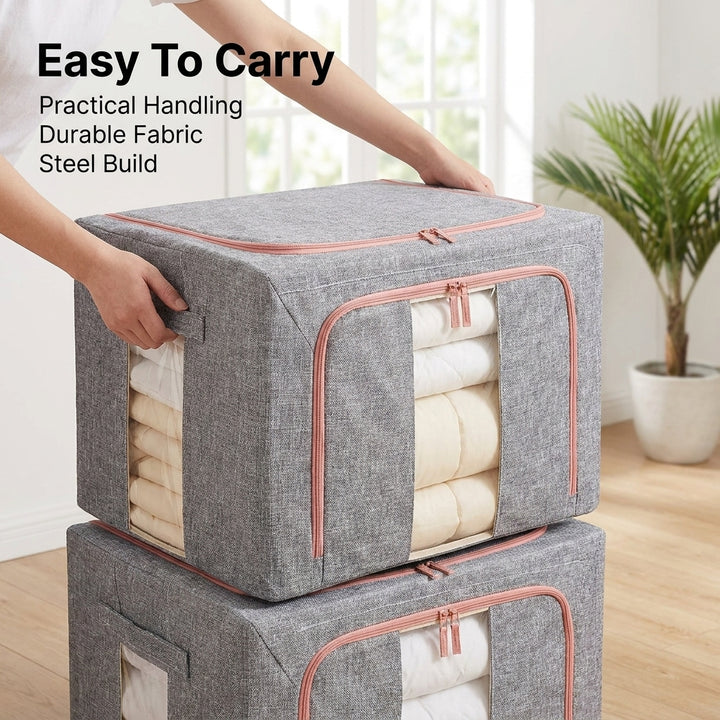 2-Pack 100L Foldable Storage Bins with Steel Frame and Clear Windows - Grey