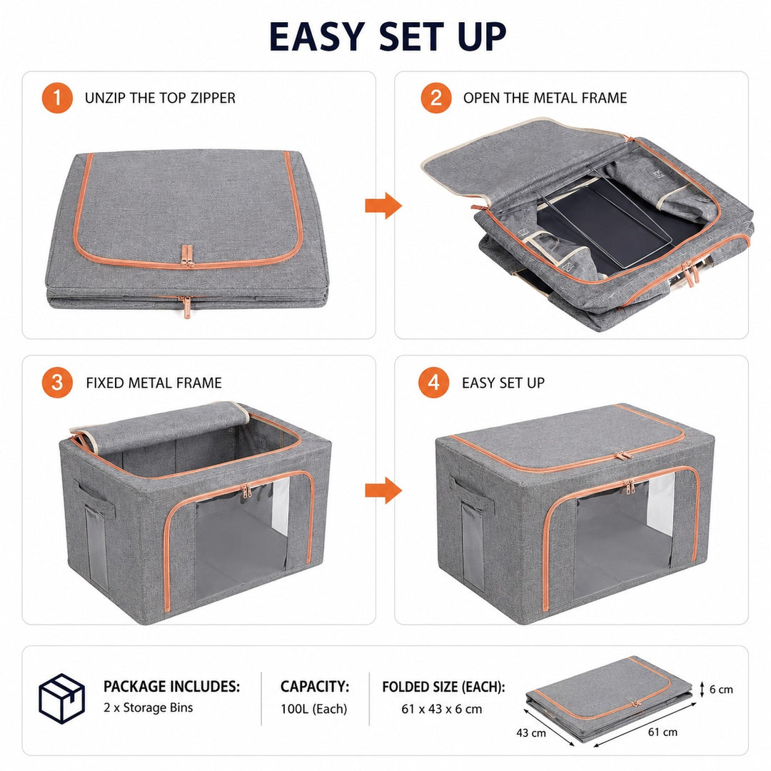 2-Pack 100L Foldable Storage Bins with Steel Frame and Clear Windows - Grey
