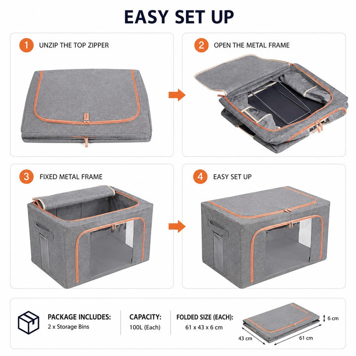 2-Pack 100L Foldable Storage Bins with Steel Frame and Clear Windows - Grey