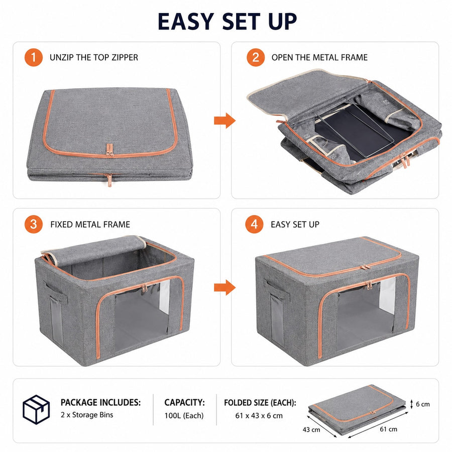 2-Pack 100L Foldable Storage Bins with Steel Frame and Clear Windows - Grey