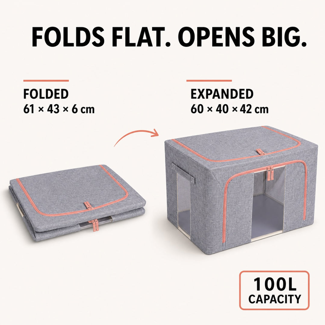 2-Pack 100L Foldable Storage Bins with Steel Frame and Clear Windows - Grey