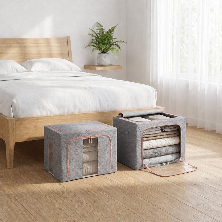 2-Pack 100L Foldable Storage Bins with Steel Frame and Clear Windows - Grey