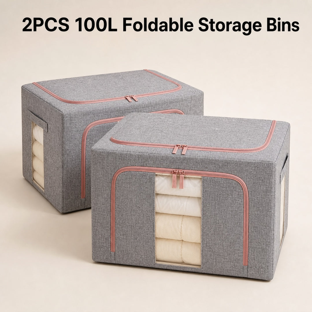 2-Pack 100L Foldable Storage Bins with Steel Frame and Clear Windows - Grey