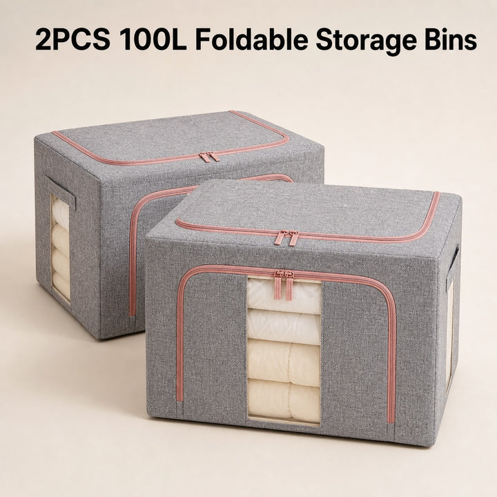 2-Pack 100L Foldable Storage Bins with Steel Frame and Clear Windows - Grey