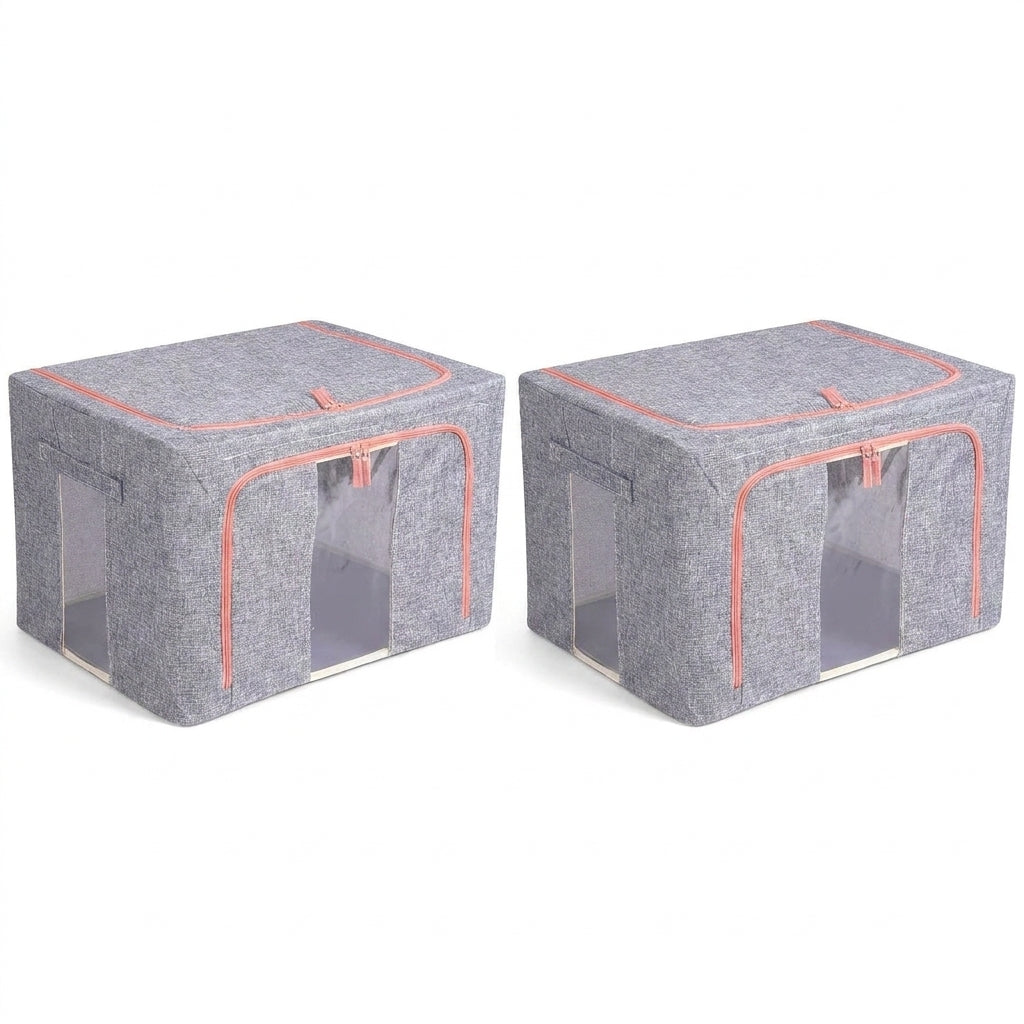 2-Pack 100L Foldable Storage Bins with Steel Frame and Clear Windows - Grey