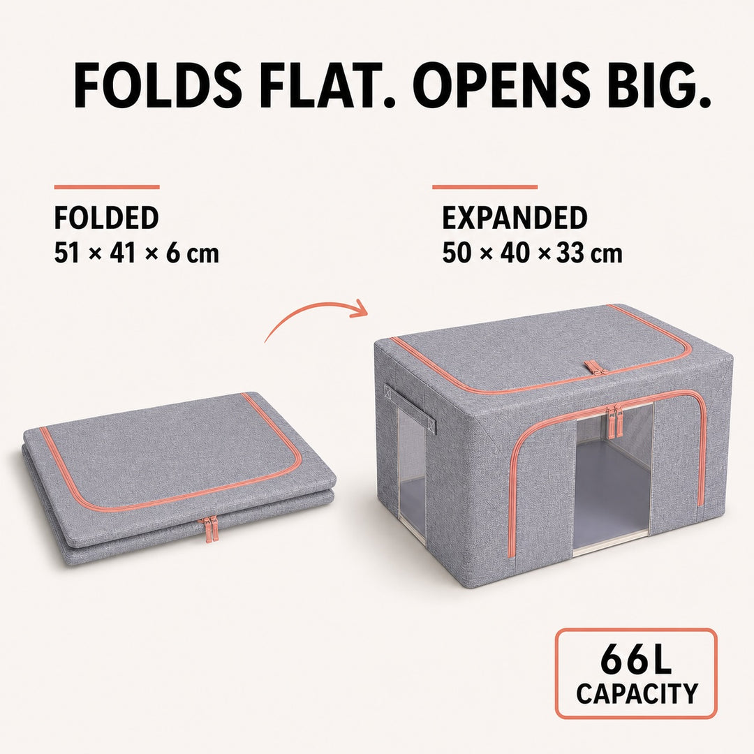 2-Piece Foldable Steel Frame Storage Bins with Clear Windows - 66L