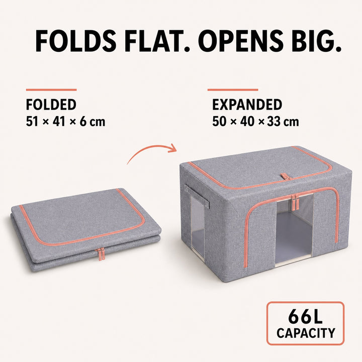 2-Piece Foldable Steel Frame Storage Bins with Clear Windows - 66L