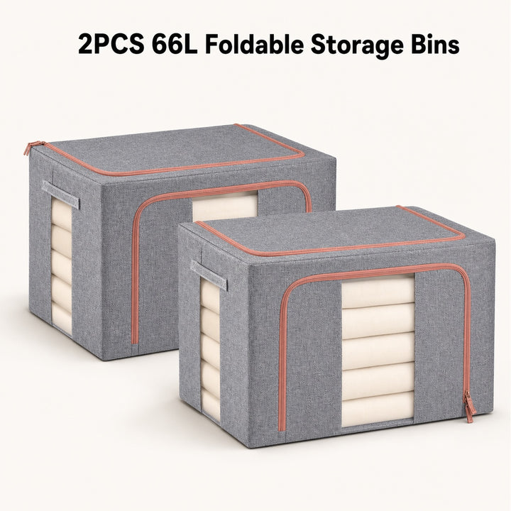 2-Piece Foldable Steel Frame Storage Bins with Clear Windows - 66L