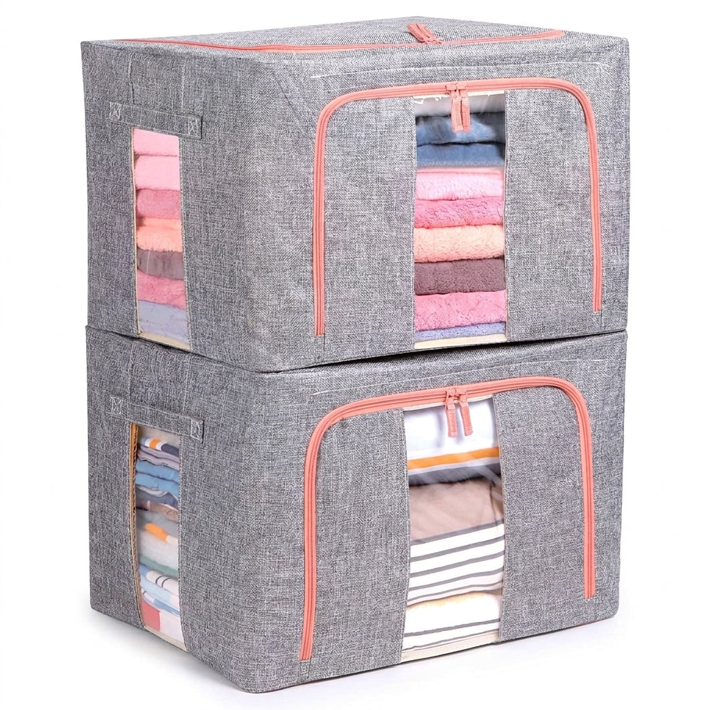 2-Piece Foldable Steel Frame Storage Bins with Clear Windows - 66L