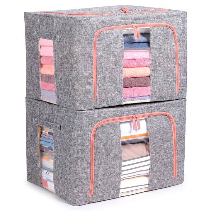 2-Piece Foldable Steel Frame Storage Bins with Clear Windows - 66L