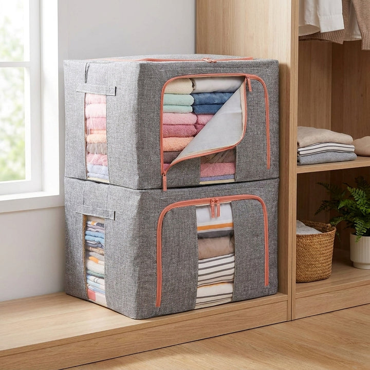 2-Piece Foldable Steel Frame Storage Bins with Clear Windows - 66L