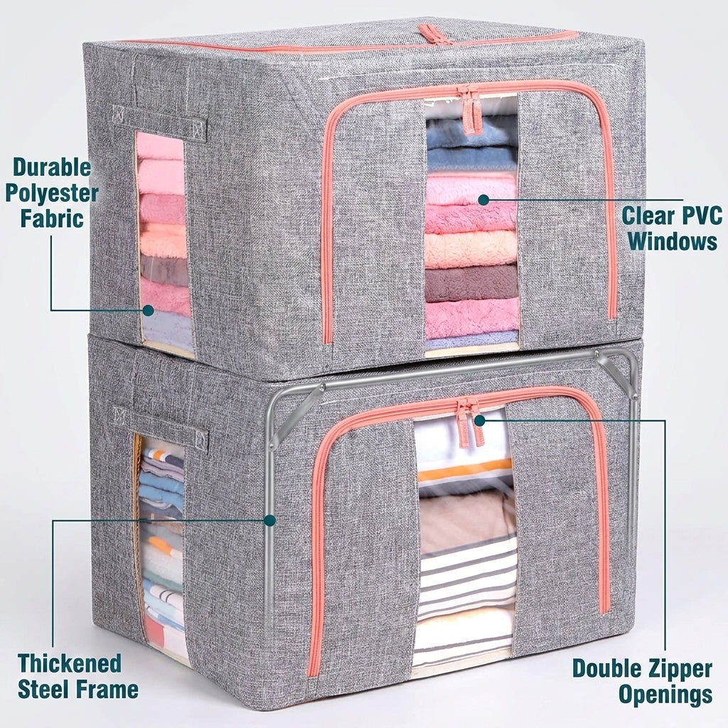 2-Piece Foldable Steel Frame Storage Bins with Clear Windows - 66L
