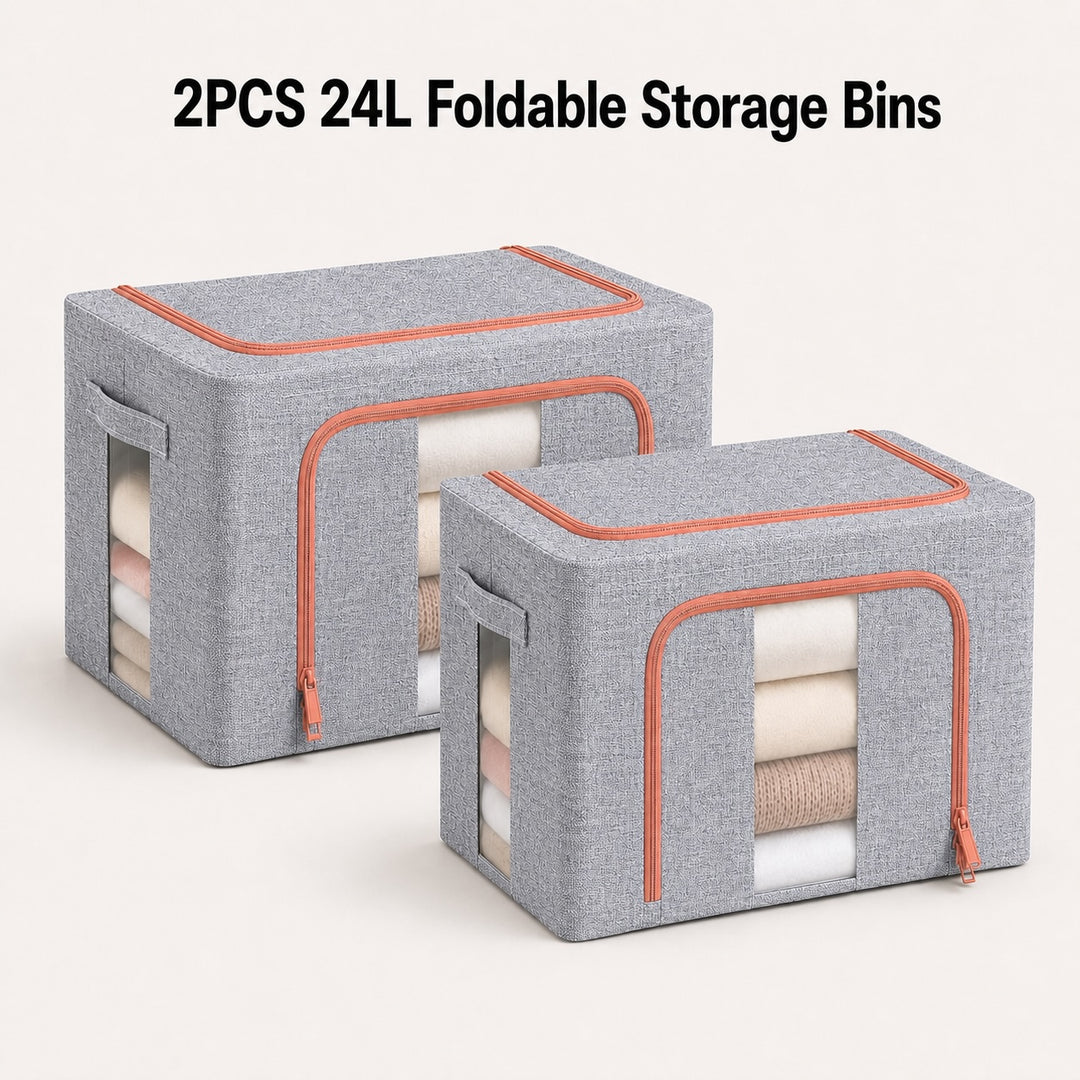 2-Pack Foldable Steel Frame Storage Bins with Clear Windows - 24L