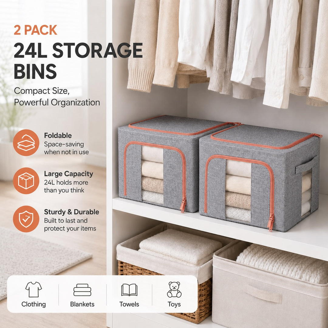 2-Pack Foldable Steel Frame Storage Bins with Clear Windows - 24L