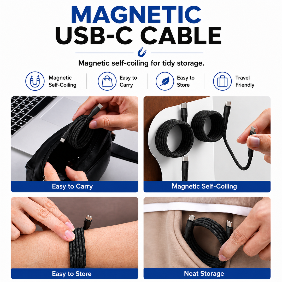 2 Pack Magnetic Auto Coiling USB-C to USB-C Charging Cable 100cm - Black
