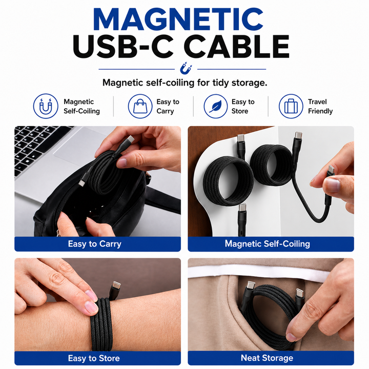 2 Pack Magnetic Auto Coiling USB-C to USB-C Charging Cable 100cm - Black