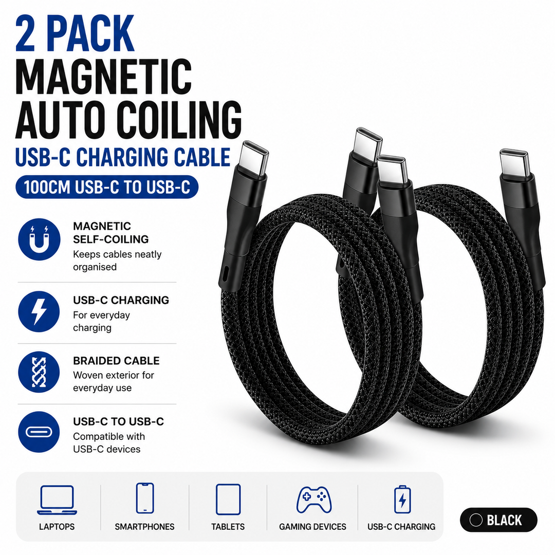2 Pack Magnetic Auto Coiling USB-C to USB-C Charging Cable 100cm - Black