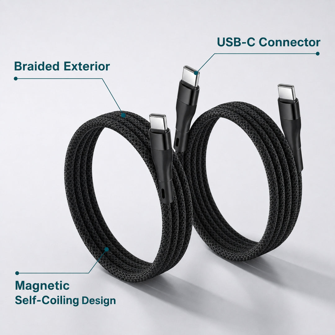 2 Pack Magnetic Auto Coiling USB-C to USB-C Charging Cable 100cm - Black