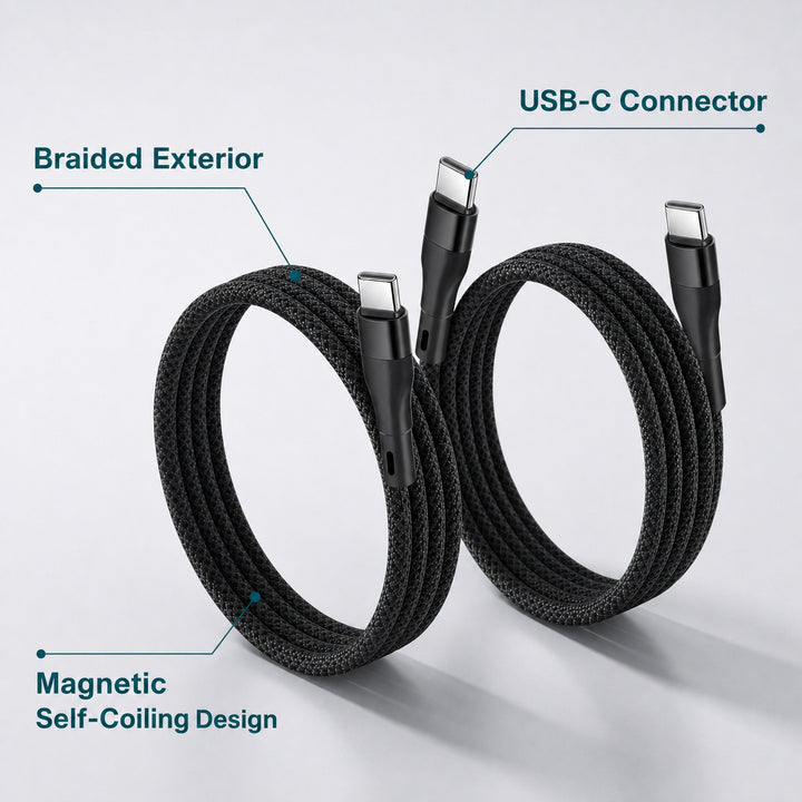 2 Pack Magnetic Auto Coiling USB-C to USB-C Charging Cable 100cm - Black