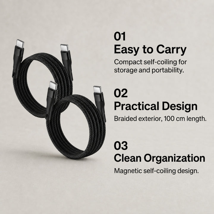 2 Pack Magnetic Auto Coiling USB-C to USB-C Charging Cable 100cm - Black