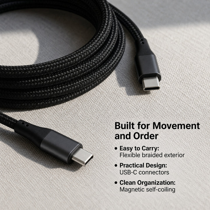 2 Pack Magnetic Auto Coiling USB-C to USB-C Charging Cable 100cm - Black