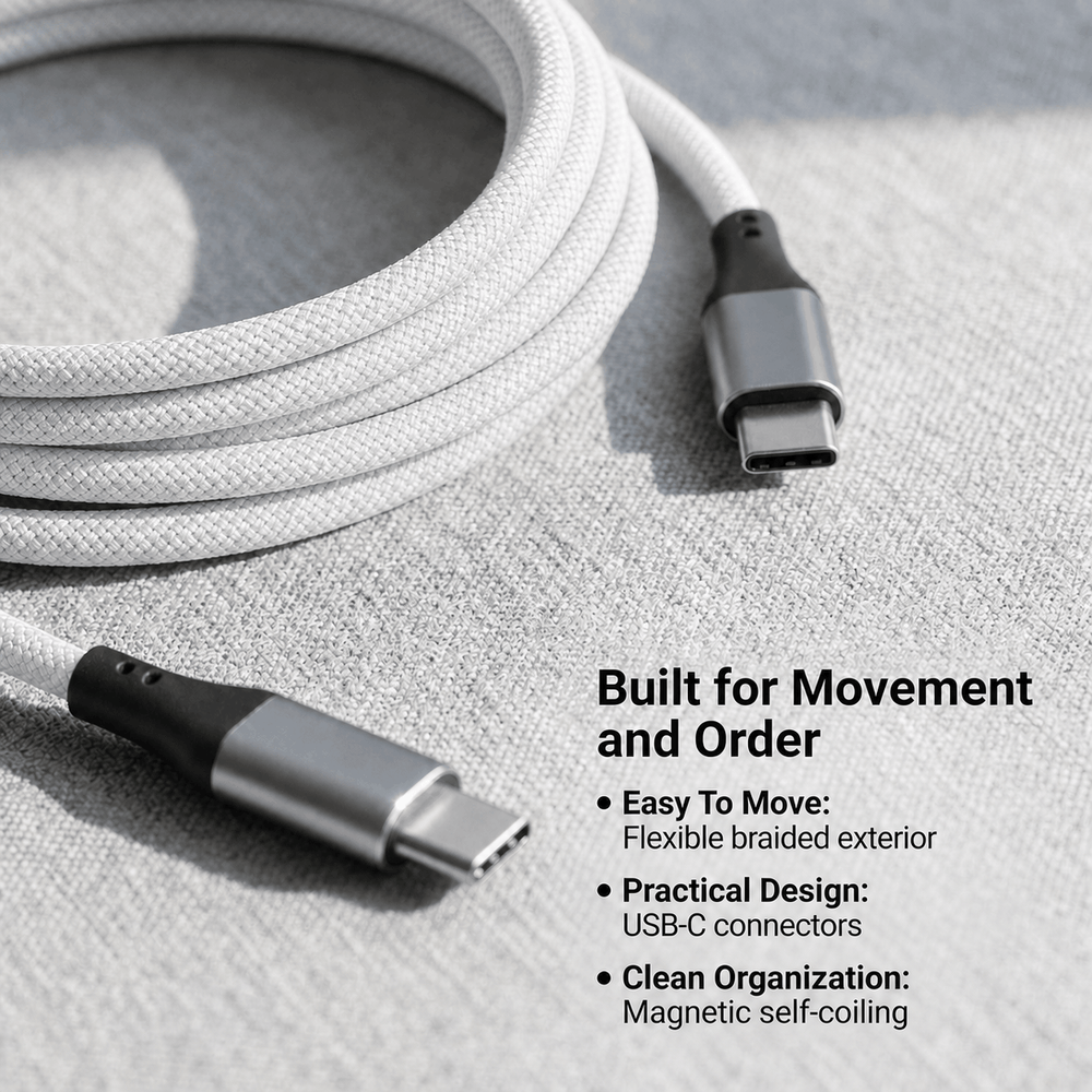 2 Pack Magnetic Auto Coiling USB-C to USB-C Charging Cable 100cm - White