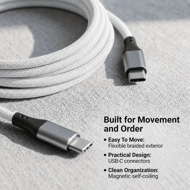 2 Pack Magnetic Auto Coiling USB-C to USB-C Charging Cable 100cm - White