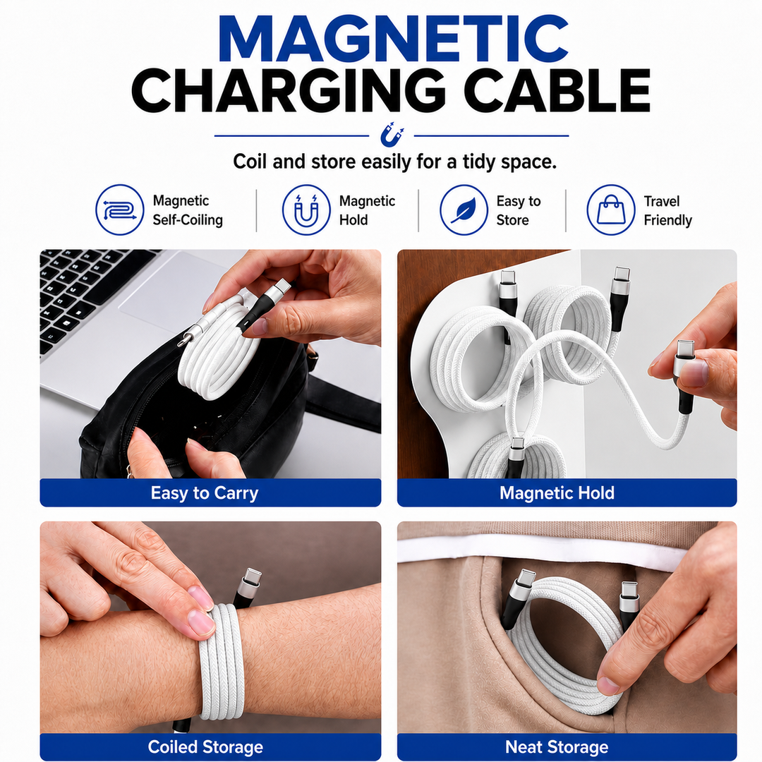 2 Pack Magnetic Auto Coiling USB-C to USB-C Charging Cable 100cm - White