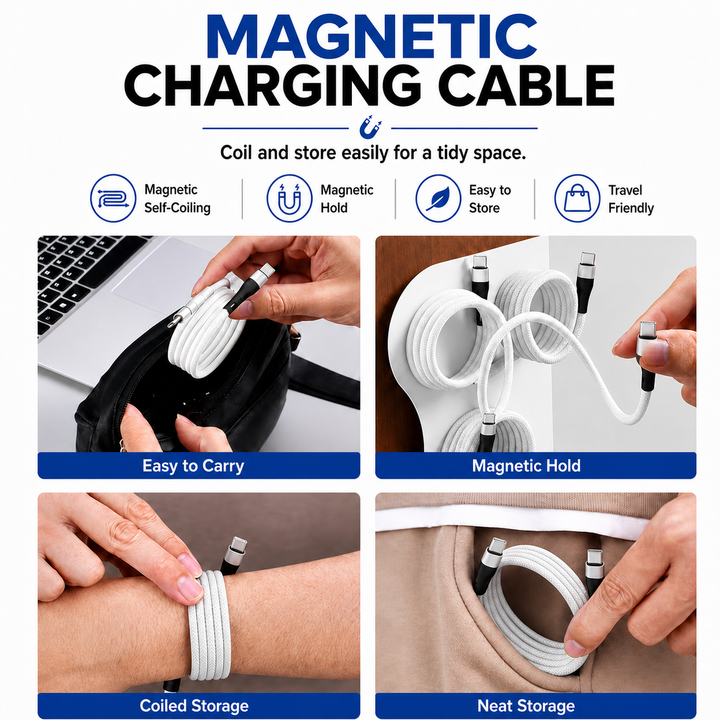 2 Pack Magnetic Auto Coiling USB-C to USB-C Charging Cable 100cm - White