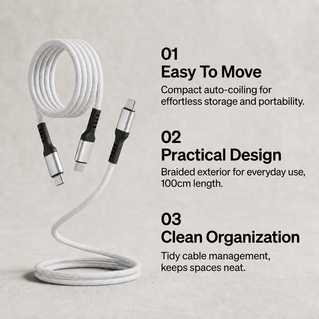 2 Pack Magnetic Auto Coiling USB-C to USB-C Charging Cable 100cm - White