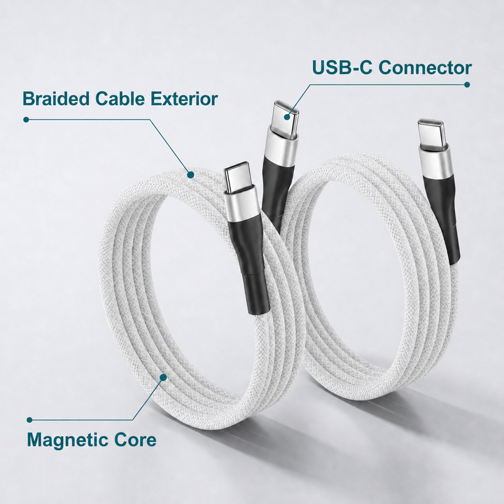 2 Pack Magnetic Auto Coiling USB-C to USB-C Charging Cable 100cm - White