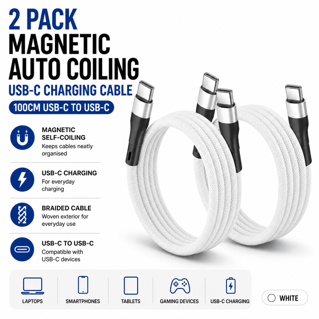 2 Pack Magnetic Auto Coiling USB-C to USB-C Charging Cable 100cm - White