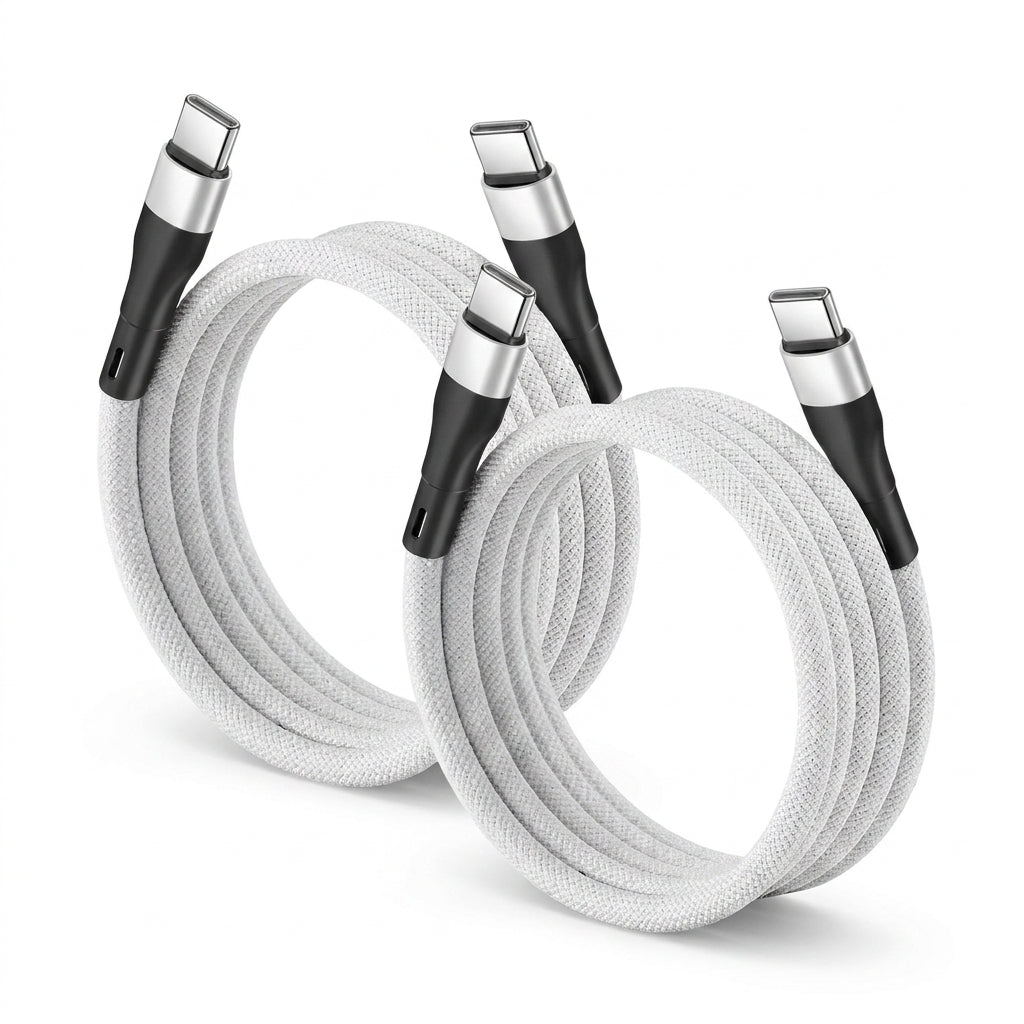 2 Pack Magnetic Auto Coiling USB-C to USB-C Charging Cable 100cm - White