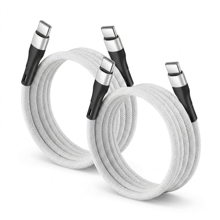 2 Pack Magnetic Auto Coiling USB-C to USB-C Charging Cable 100cm - White
