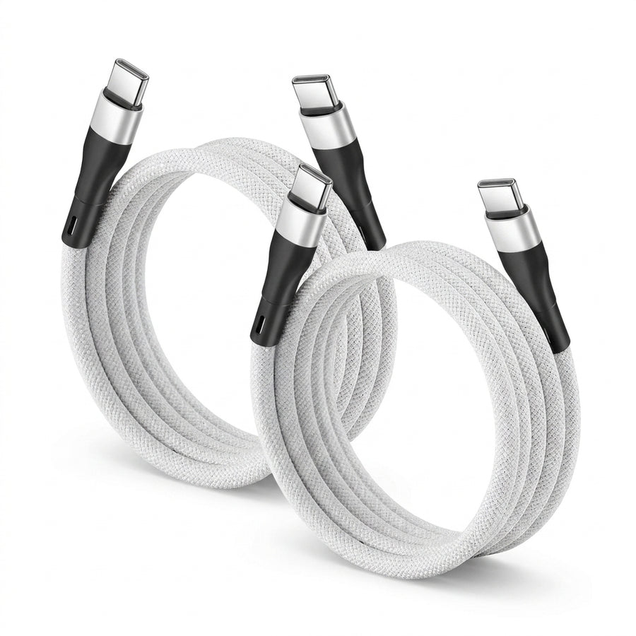 2 Pack Magnetic Auto Coiling USB-C to USB-C Charging Cable 100cm - White