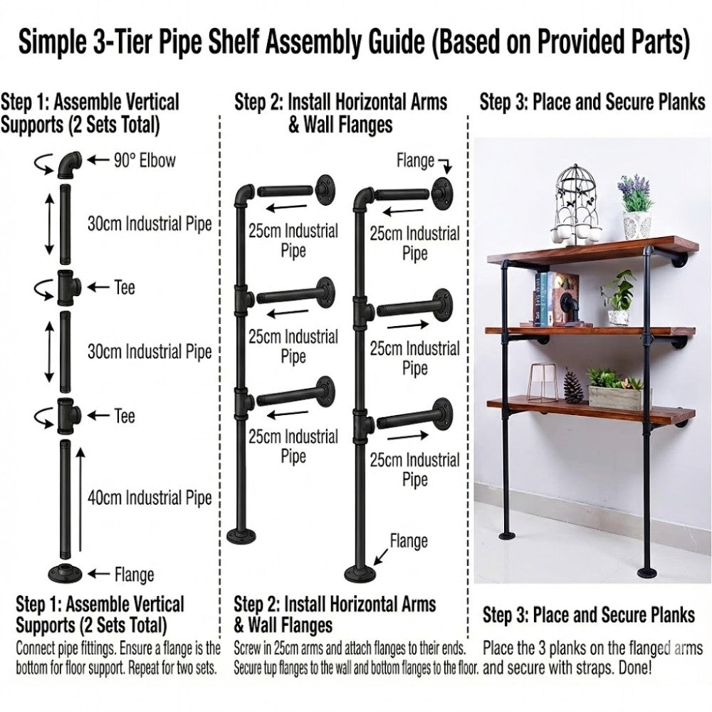 3 Tier DIY Industrial Pipe Shelf 100CM