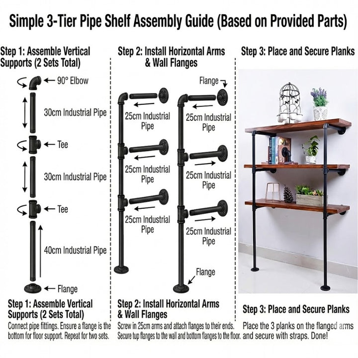 3 Tier DIY Industrial Pipe Shelf 100CM
