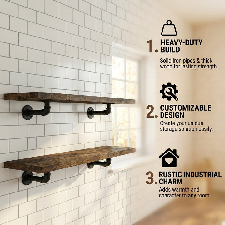 2 Pack Industrial Pipe Wall Shelf Decorative Floating Bookshelf - 60CM