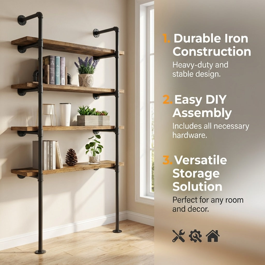 4 Tier Industrial Pipe Bookshelf Storage Display Rack 148cm x 100cm