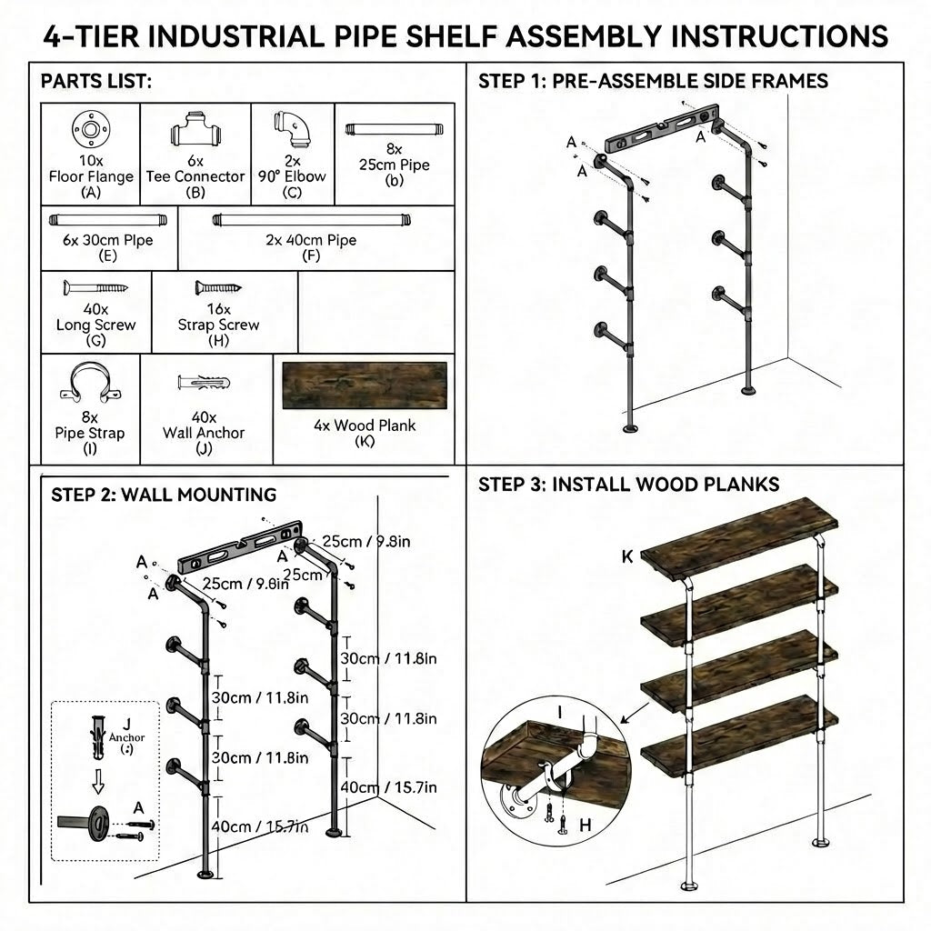 4 Tier Industrial Pipe Bookshelf Storage Display Rack 148cm x 100cm